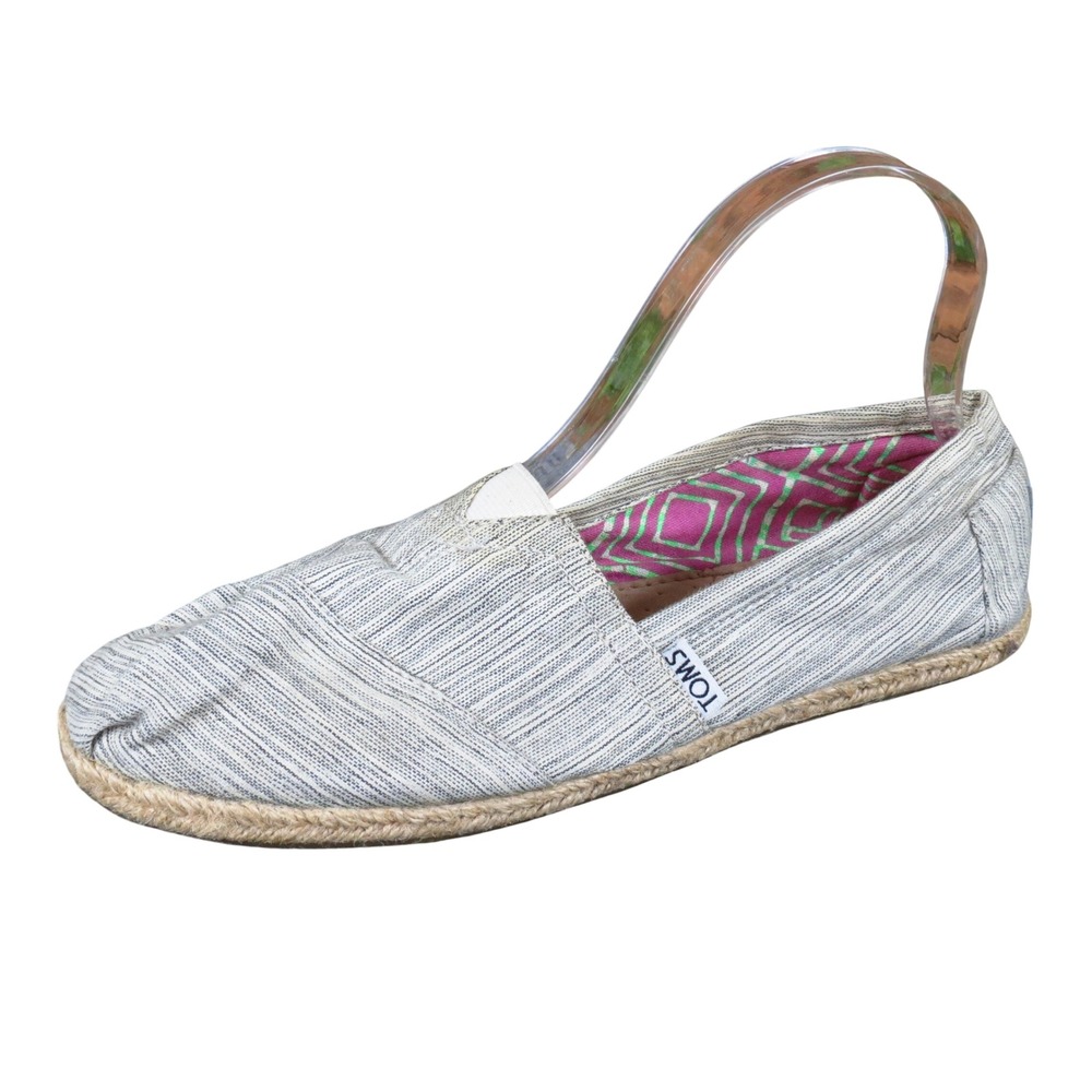 Toms Classic Alpargata Womens Slip On Shoes Size 8.5 Casual Grey Striped Canvas